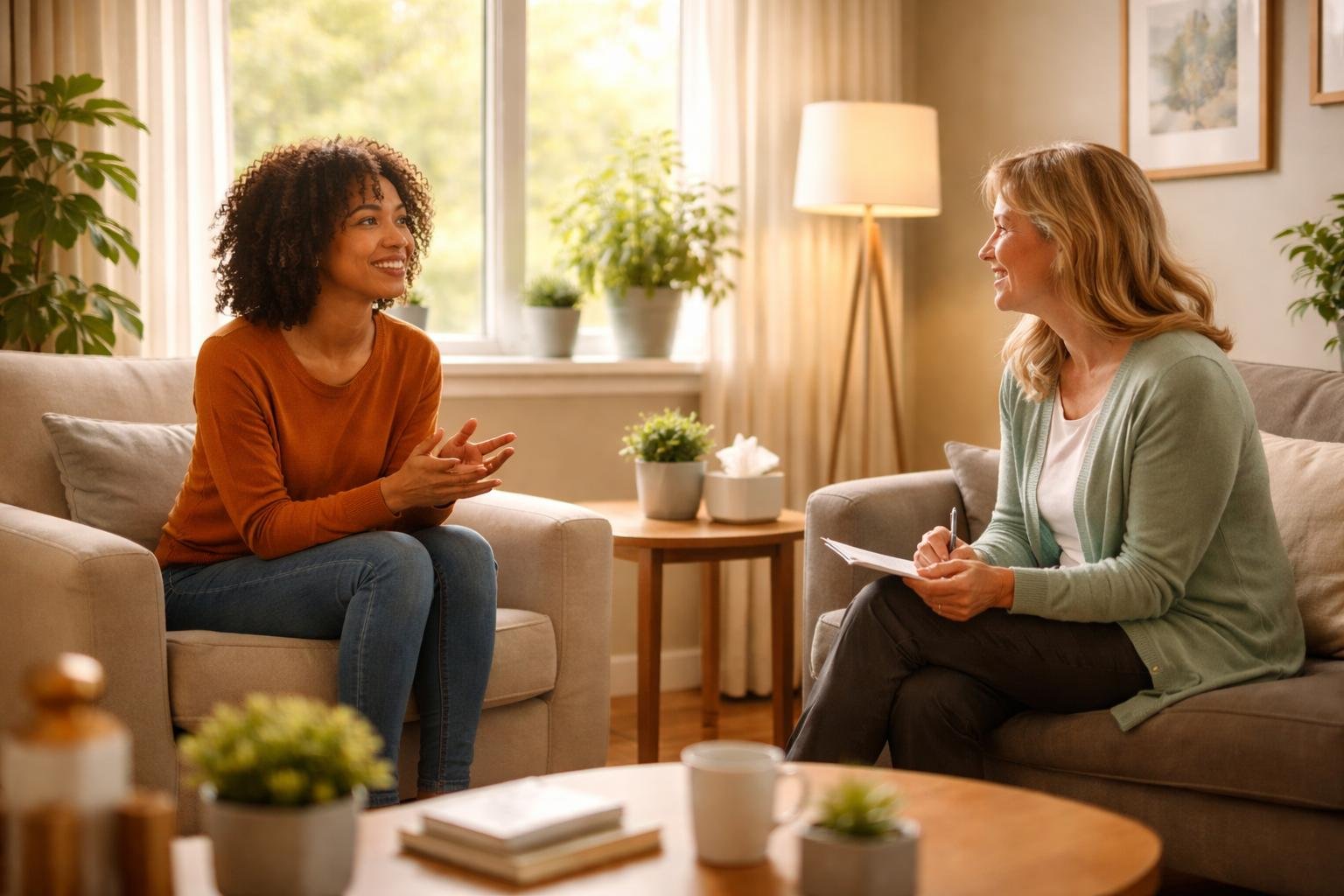 Behavioral health professional speaking with a patient in a comfortable office